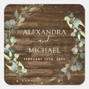 Sticker Carré Sceau mariage Eucalyptus Vert Bois rustique