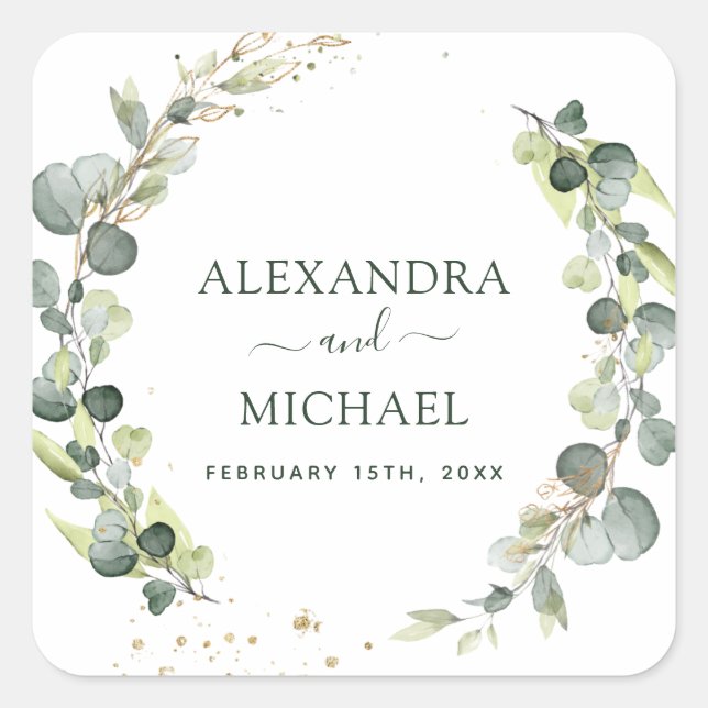 Sticker Carré Sceau mariage Eucalyptus Vert Succulent (Devant)