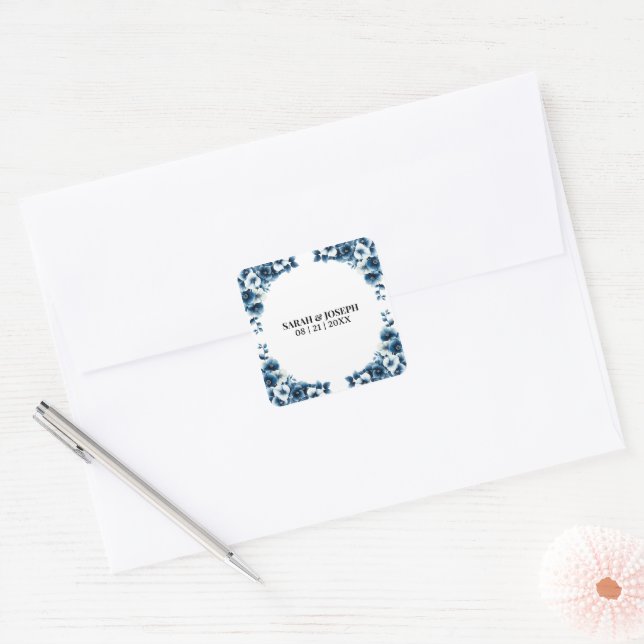 Sticker Carré Sceau Mariage floral bleu (Enveloppe)