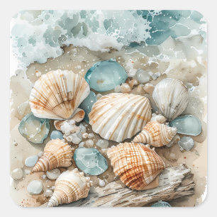 Sticker Carré Scène aquarelle de coquillages de bord de mer et d