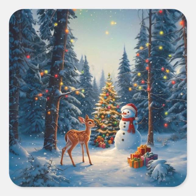 Sticker Carré Scene d'arbre de Noël Cute Deer Fawn Snowman (Devant)