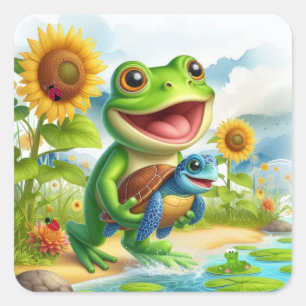 Sticker Carré Scène de Grenouille Joyeuse et Tortue de Mer