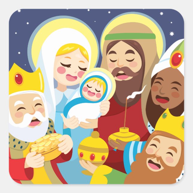 Sticker Carré Scène de la Nativité Bébé Jésus naissance (Devant)