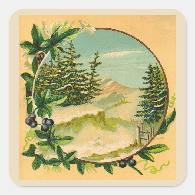 Sticker Carré Scène de montagne rustique (Devant)