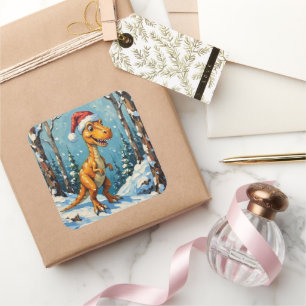 Sticker Carré Scène de Noël avec dinosaure vintage et chapeau de