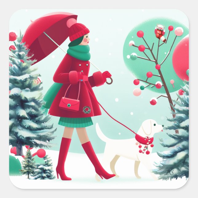 Sticker Carré Scène de Noël Fille Marcher Chien (Devant)