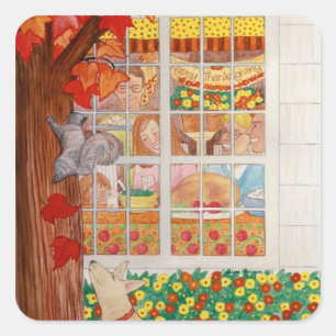 Sticker Carré Scène de repas de famille bon thanksgiving