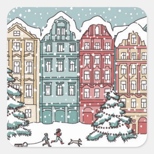 Sticker Carré Scène de ville d'hiver (Devant)