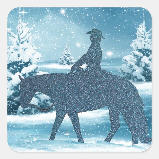 Sticker Carré Scène hivernale de Cheval de Cowboy de l'Ouest (Devant)