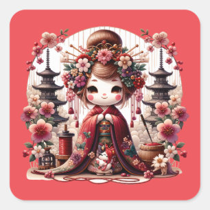 Sticker Carré Scène japonaise de Geisha mignonne