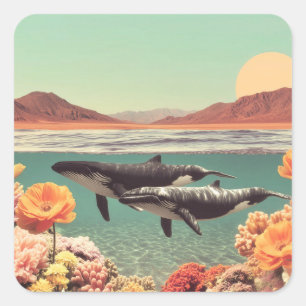 Sticker Carré Scène océanique surréaliste avec baleines et corai