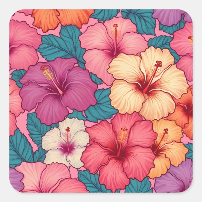 Sticker Carré Schéma floral d'hibiscus tropical (Devant)