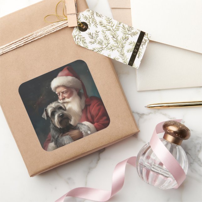 Sticker Carré Schnauzer avec Noël Festif du Père Noël (Cadeaux)