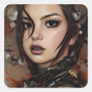 Sticker Carré Sci Futuriste Wi Cyber Goth Girl Inkspot Portrait