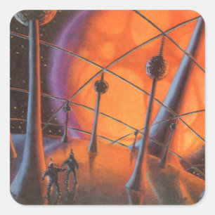 Sticker Carré Science-fiction vintage, soleil orange et extrater