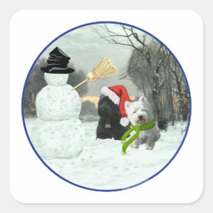 Sticker Carré Scottie et Westie avec Bonhomme de Neige
