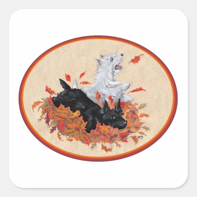 Sticker Carré Scottie & Westie Feuilles mortes (Devant)