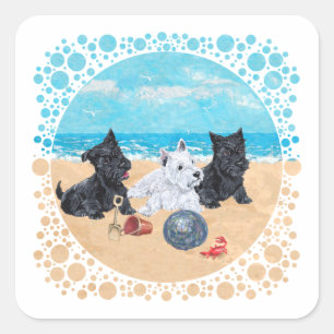 Sticker Carré Scottie & Westie Pups à la plage