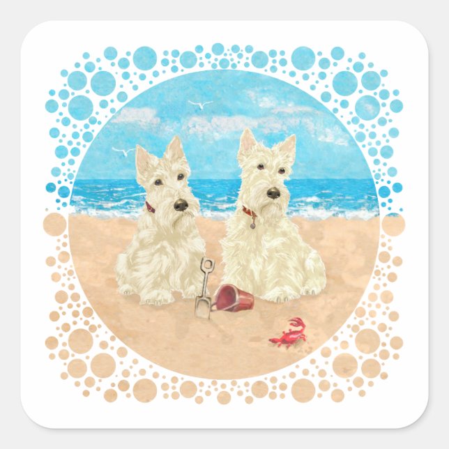 Sticker Carré Scotties roux au bord de la mer (Devant)