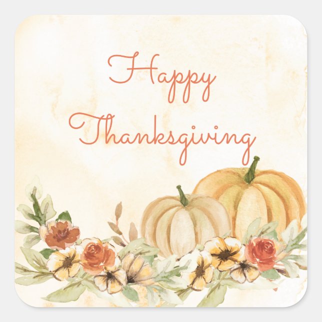 Sticker Carré Script d'aquarelle florale Citrouille Thanksgiving (Devant)