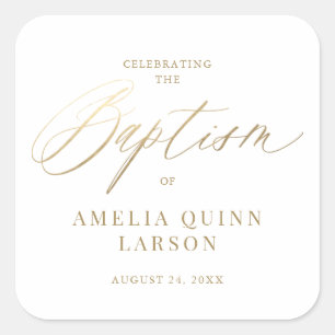 Sticker Carré Script de calligraphie or simple et élégant Baptêm