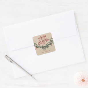 Sticker Carré Script Joyeux Noël Branche Aquarelle