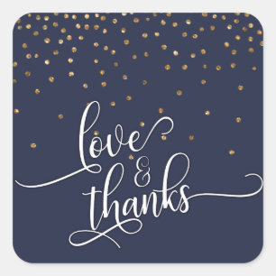 Sticker Carré Script Love & Merci, Confettis Dorés Bleu Minuit