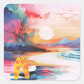 Sticker Carré Sea You Soon Watercolor Beach Themed
