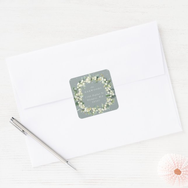 Sticker Carré Seafoam Green Snowberry+Eucalyptus Wreath Adresse (Enveloppe)