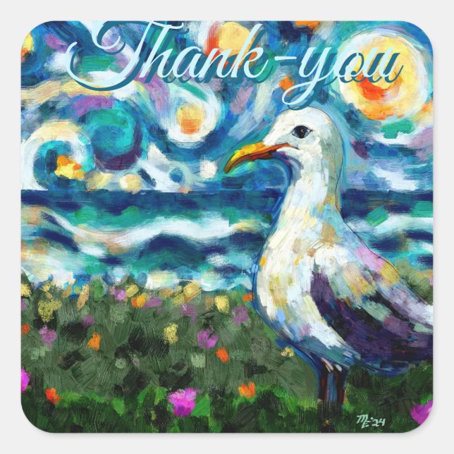 Sticker Carré Seagull Van Gogh Style Plage Sky Merci (Devant)