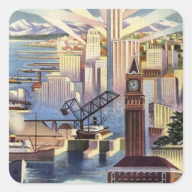 Sticker Carré Seattle, Washington - Vue du centre-ville (Devant)