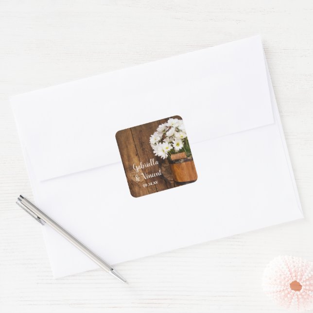 Sticker Carré Seau en bois et Mariage campagnard de marmites bla (Enveloppe)