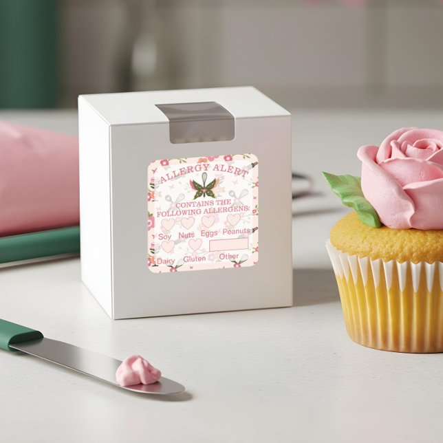 Sticker Carré Sécurité alimentaire Alerte allergique Boulangerie (Food Safety Allergy Alert Bakery Butterfly Whisk Square Sticker)