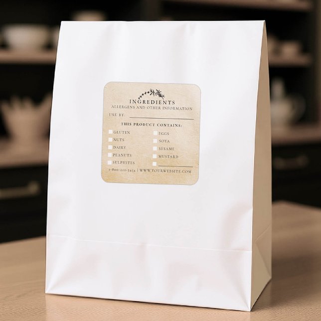 Sticker Carré Sécurité alimentaire Allergies produit Kraft fabri (product packaging sticker artisan business gift blackboard handmade homemade ingredients kraft)