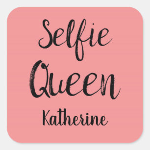Sticker Carré Selfie Queen Nom Coral personnalisé Orange