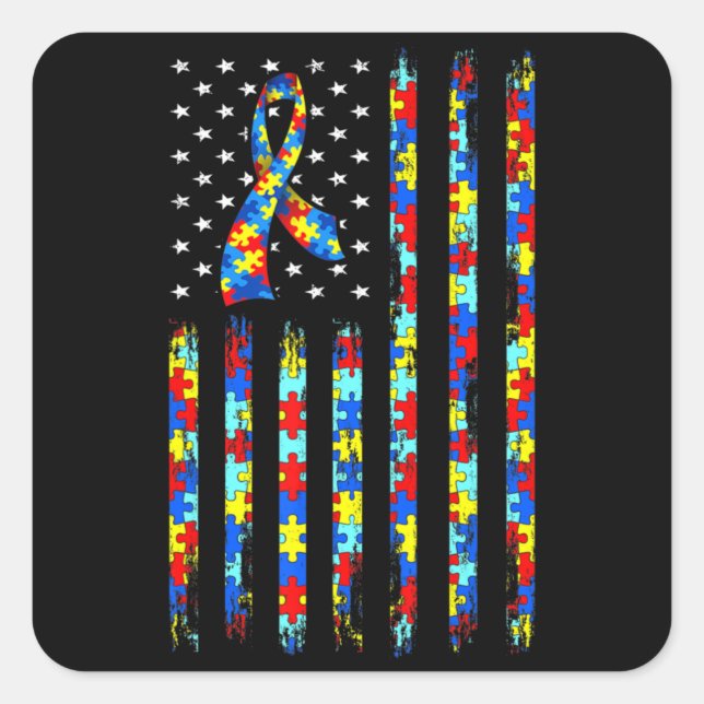 Sticker Carré Sensibilisation sur l'autisme Chemise Drapeau Amér (Devant)