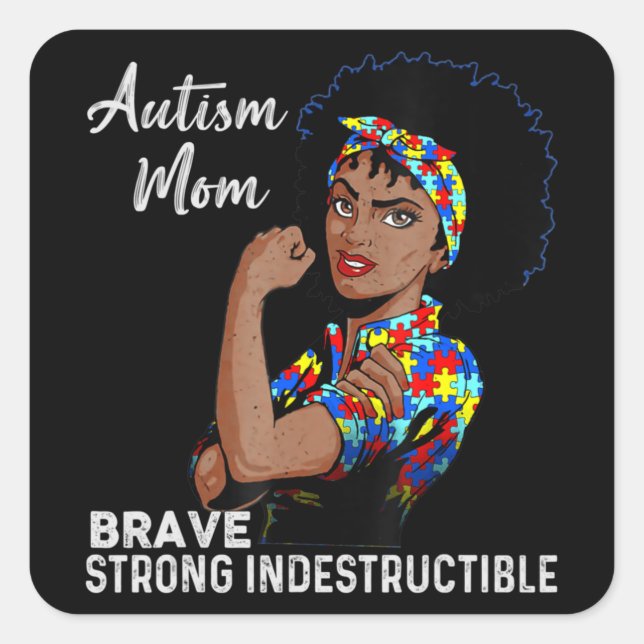 Sticker Carré Sensibilisation sur l'autisme Forte Maman Afro Mèr (Devant)