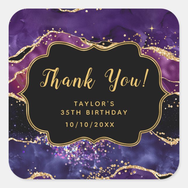 Sticker Carré Séquins d'or violet foncé Agate Anniversaire Merci (Devant)