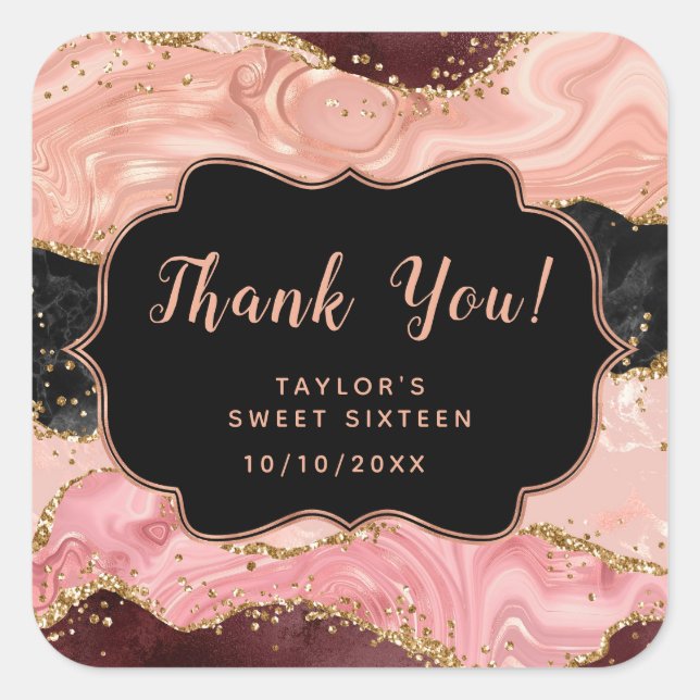 Sticker Carré Séquins rose noir Agate Sweet sixteen Merci (Devant)