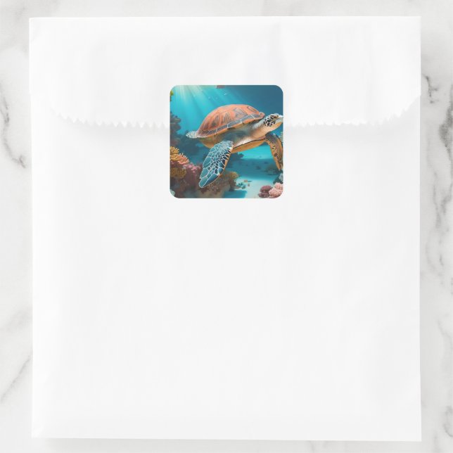 Sticker Carré Serene 3D Sea Turtle dans Ocean Tranquille Marine  (Sac)