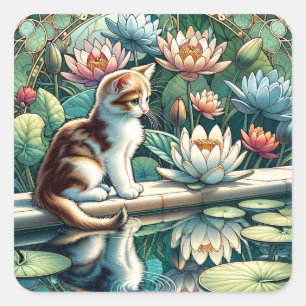 Sticker Carré Serene Kitten Nénuphar Art Nouveau