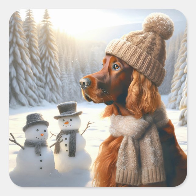 Sticker Carré Setter irlandais de Noël avec neigeurs (Devant)