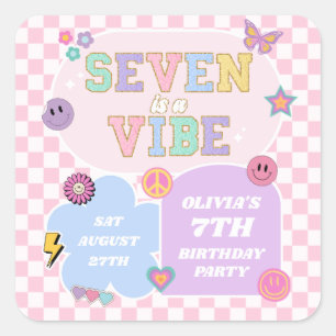 Sticker Carré Seven Is A Vibe Preppy Patch 7th Birthday Party