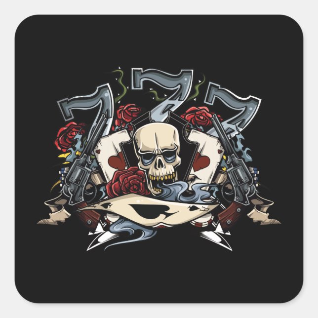 Sticker Carré Sevens Armes À Crâne Roses À L'Ace Des Pique Jeu (Devant)