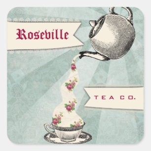 Sticker Carré Shabby chic teapot versant rose teacup tag cadeau