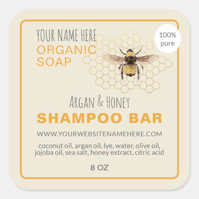 Sticker Carré Shampoing au savon de miel Bar Jaune Antique Blanc (Devant)
