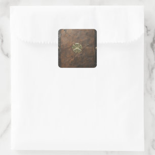 Sticker Carré Shamrock d'or St.Patrick`s Day, Cuir Brown