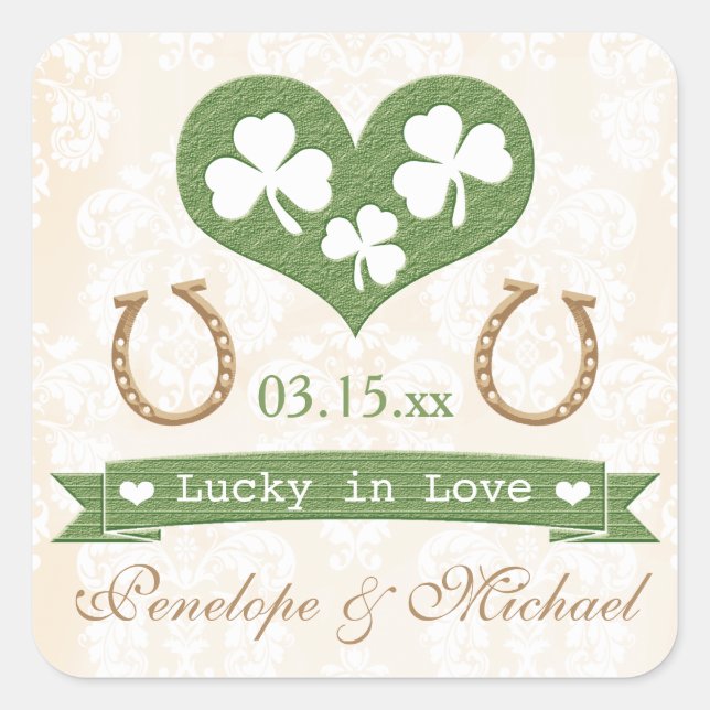 Sticker Carré Shamrock et fer à cheval Lucky in Love Mariage (Devant)