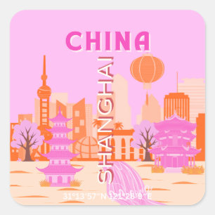Sticker Carré Shanghai Chine Rose Voyage Art