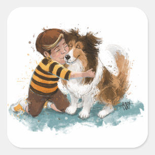 Sticker Carré Sheltie and Boy Dog Hug